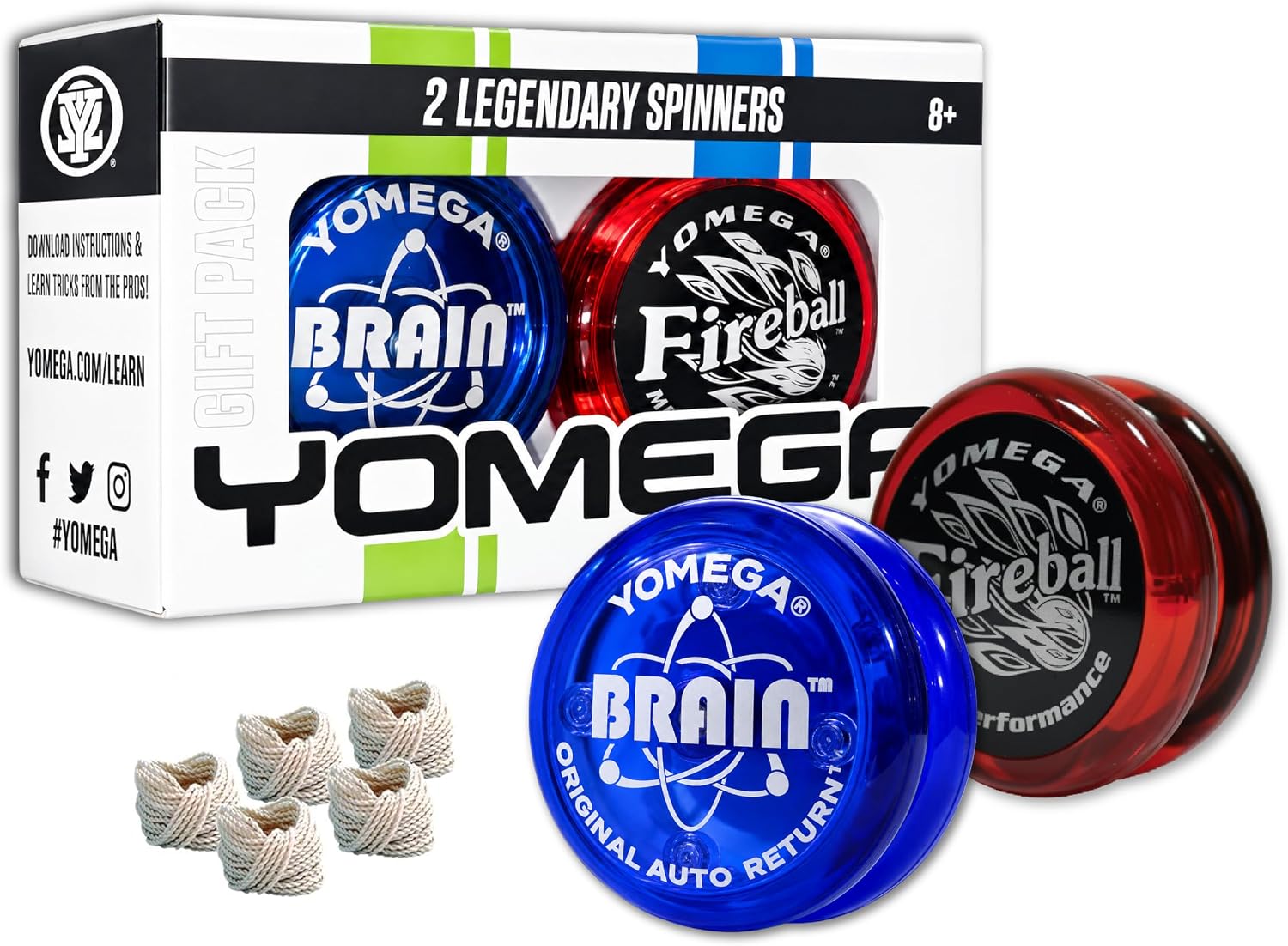 Yomega 2 Legendary Spinners gift pack with a blue Brain yo-yo, a red Fireball yo-yo and spare strings